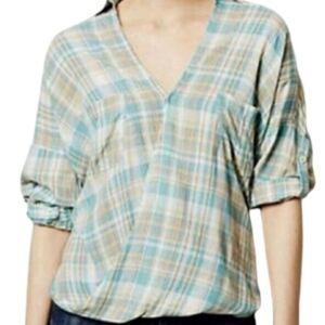 Holding Horses by Anthropologie Wild Acre 3/4 Sleeves Faux Wrap Plaid Top